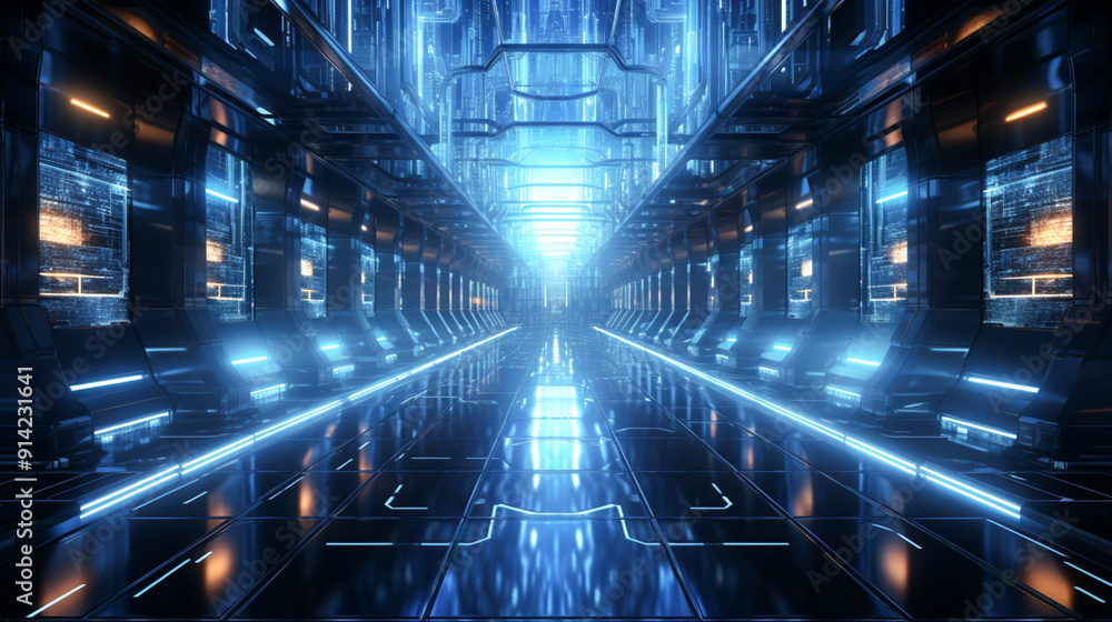 A blue computer server room with a blue light A blue computer server room with a blue light