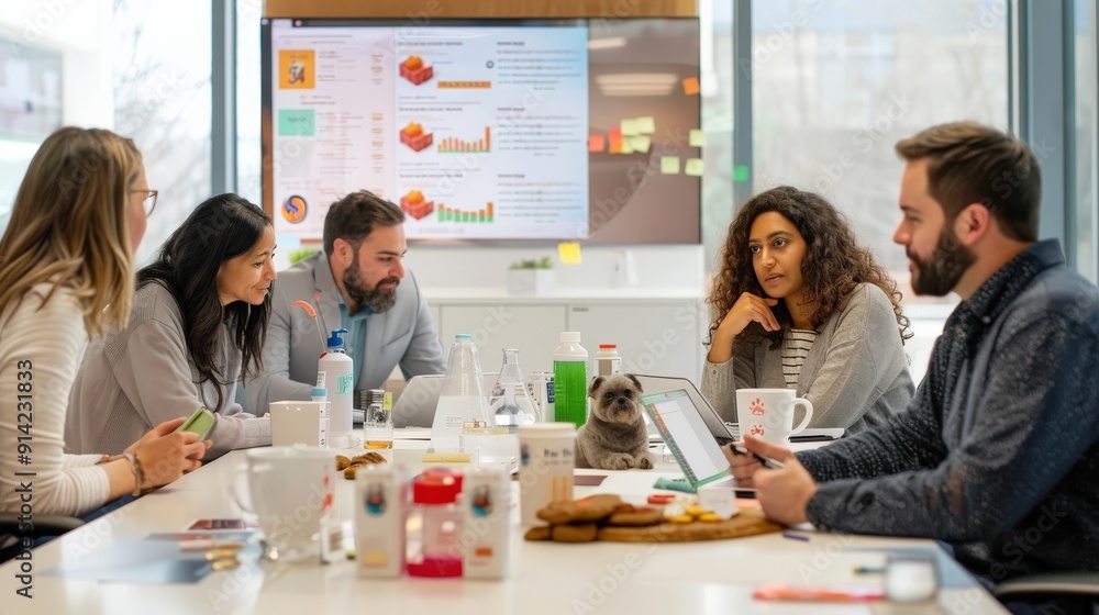 A group of diverse professionals meet around a table in a modern office setting, engaged in a discussion A group of diverse professionals meet around a table in a modern office setting, engaged in a discussion
