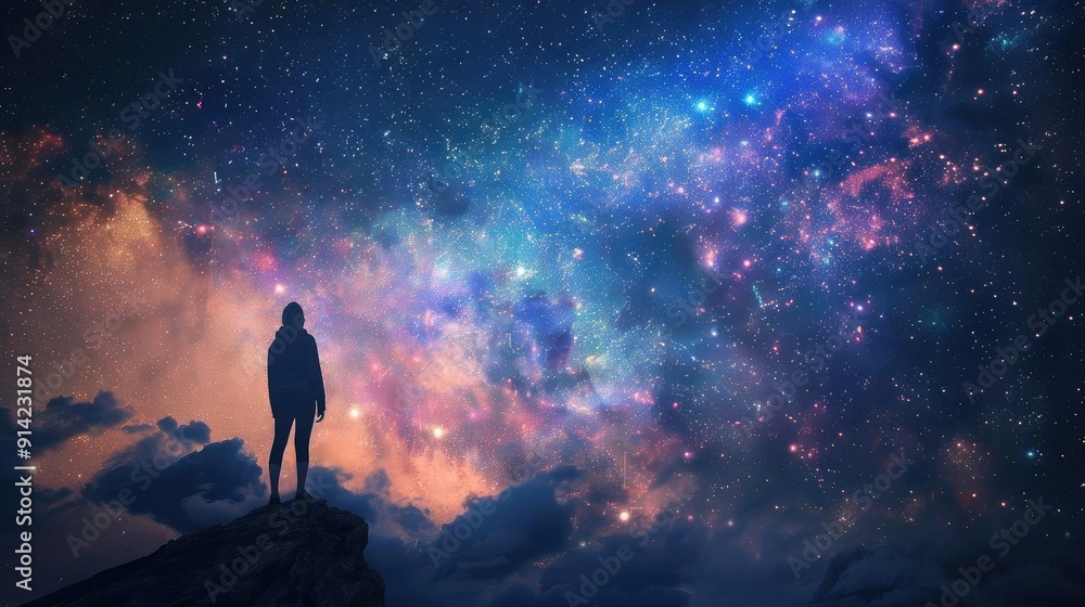 A person stands in awe under a starry sky filled with vibrant colors and cosmic wonders, exploring the beauty of the universe. A person stands in awe under a starry sky filled with vibrant colors and cosmic wonders, exploring the beauty of the universe.