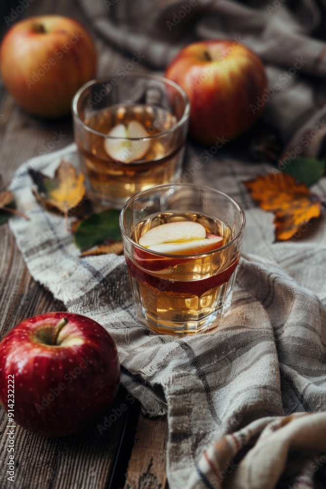 Fall beverage with apples and leaves for seasonal feel. Fall beverage with apples and leaves for seasonal feel.