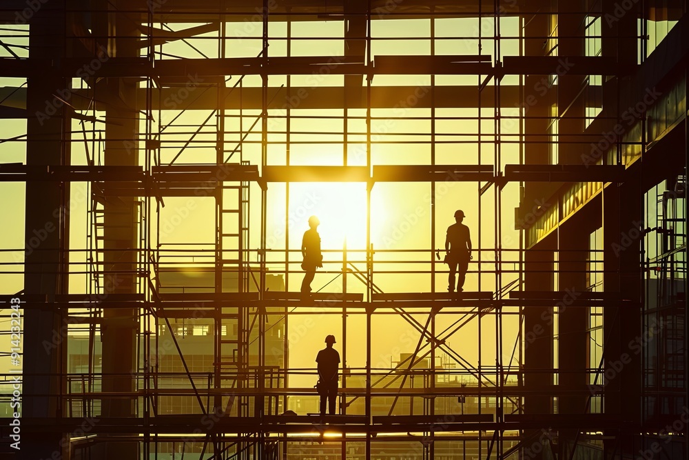 Silhouette of construction workers on scaffolding during sunset. Silhouette of construction workers on scaffolding during sunset.