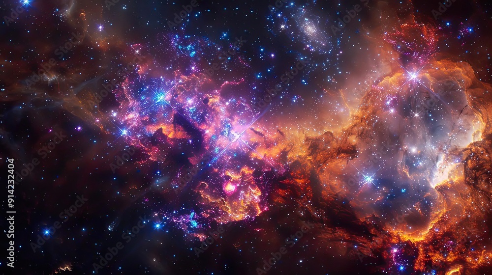 Naklejka premium Stunning deep space nebula with vibrant colors, stars, and cosmic dust creating a captivating view of the universe's mysterious beauty.