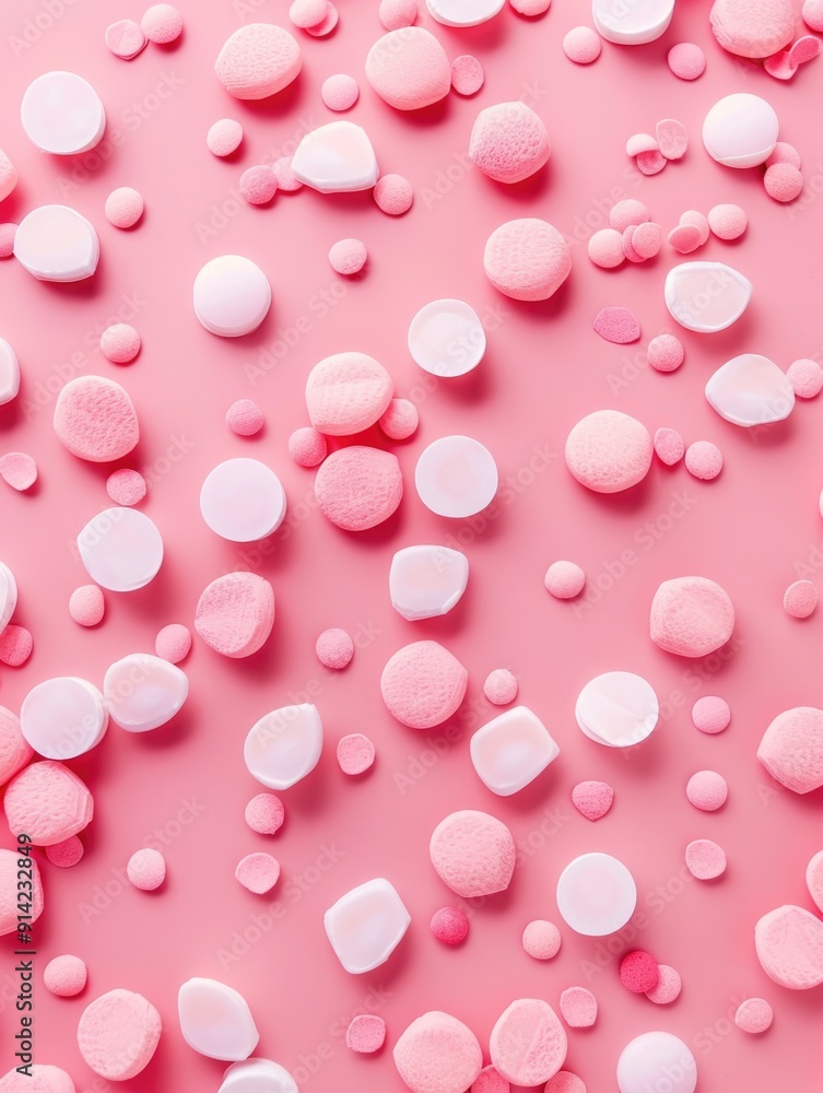 Pink bubble soap and candy powder on a pink background. Pink bubble soap and candy powder on a pink background.