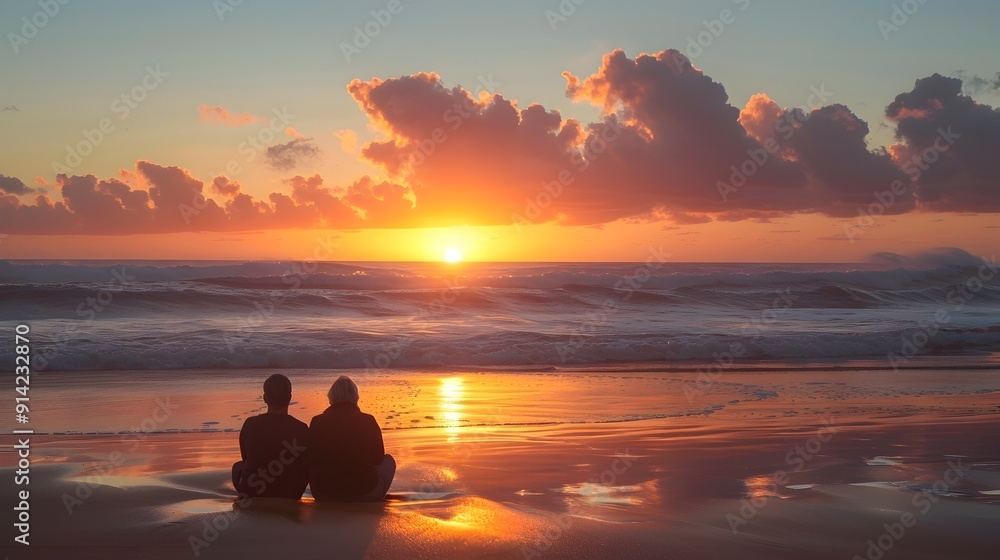 Romantic Couple Watching Serene Sunrise on Scenic Beach Romantic Couple Watching Serene Sunrise on Scenic Beach