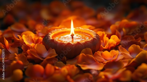 A close-up of a diya surrounded by marigold petals photo