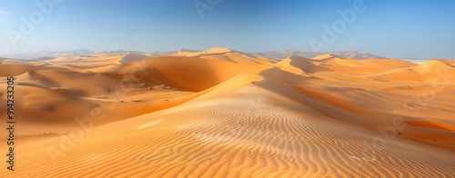 An expansive desert landscape with rolling sand dunes under a clear blue sky, the texture of the sand sharply defined, more clarity with clear light and sharp focus, high detailed