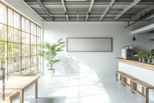 A minimalistic cafe bar interior featuring a shiny ivory white corner table and coffee machine. photo