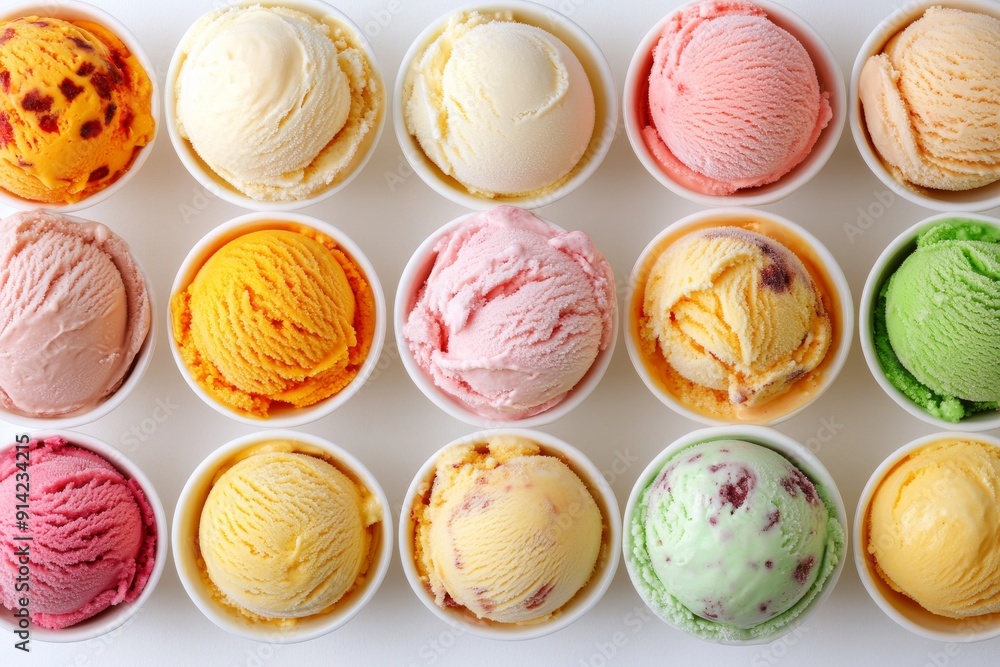 View of various flavors of ice cream isolated on white background at the top View of various flavors of ice cream isolated on white background at the top