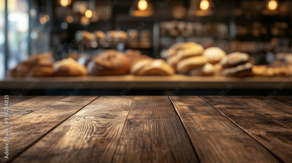 A blurred background shows a bakery display on a wooden table A blurred background shows a bakery display on a wooden table