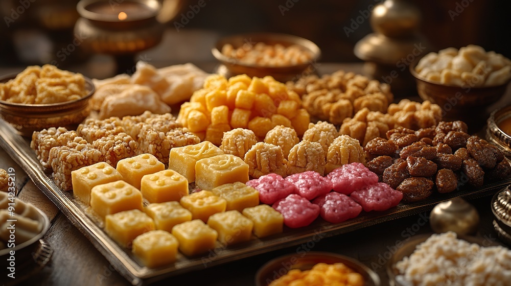 A close-up of a traditional Diwali thali with an assortment of sweets A close-up of a traditional Diwali thali with an assortment of sweets