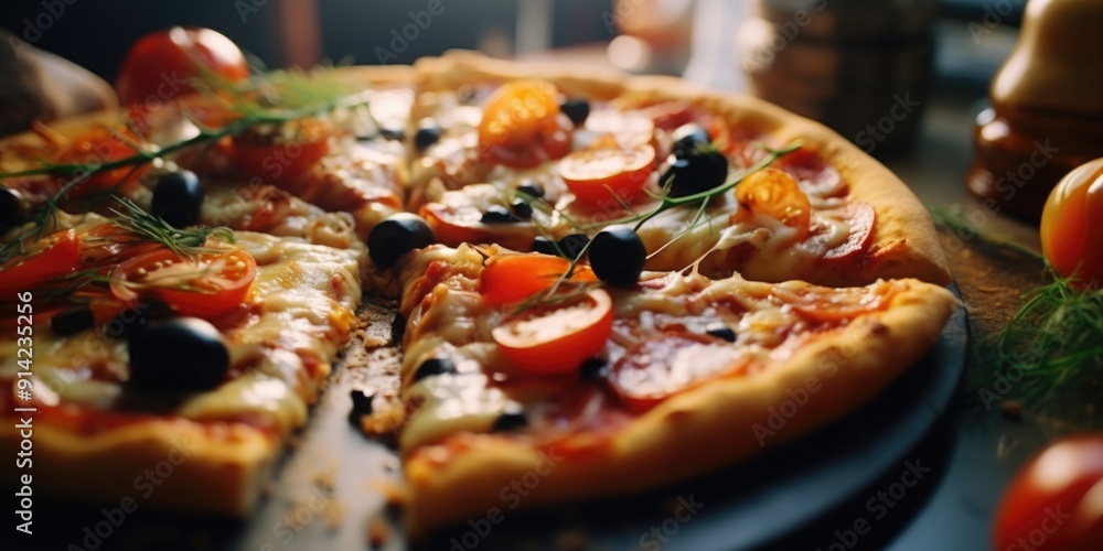 Close up of a sliced pizza with tomatoes, olives and pepperoni on the crust Close up of a sliced pizza with tomatoes, olives and pepperoni on the crust