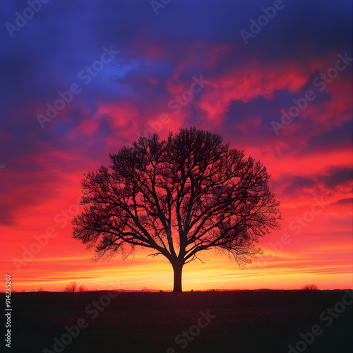 Solitary Tree Silhouette Against Vibrant Sunset Horizon, Capturing Nature's Majestic Transition and Tranquility