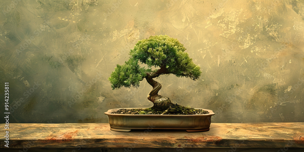 A delicately sculpted bonsai tree, displayed on a lacquered wood stand. A delicately sculpted bonsai tree, displayed on a lacquered wood stand.