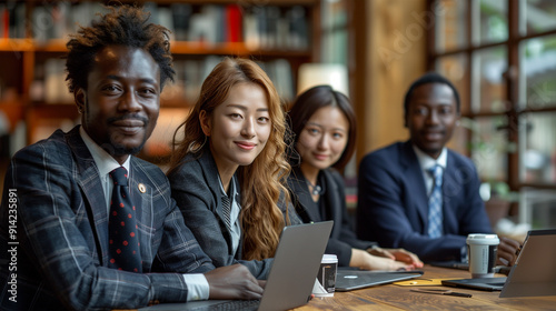 an African-American businessman at an international event, business meeting, seminar, in Asia, at a business meeting with Japanese business people