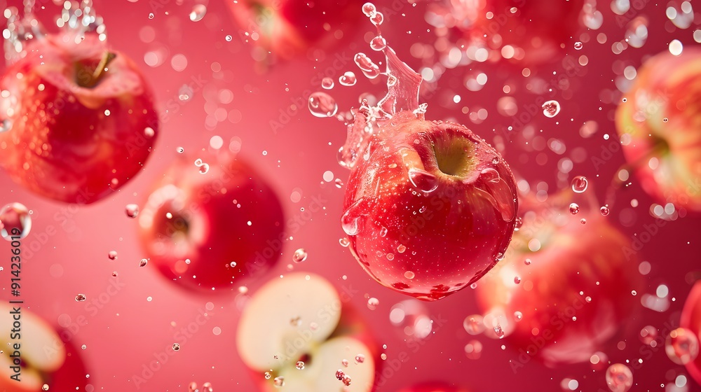 Red apple fruit on a splash of water on a red background for beverage packaging, web design, banners and fruit freshness Red apple fruit on a splash of water on a red background for beverage packaging, web design, banners and fruit freshness