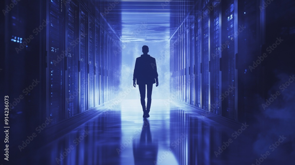 The silhouette of a person standing in the hallway of a futuristic data center lit by blue light