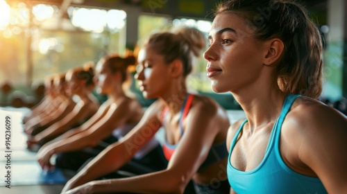 A group of women sit in a row on yoga mats, focusing during a fitness class. The setting is a bright and modern studio.