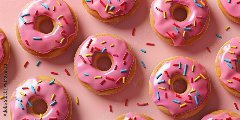 Obraz premium Close up of many pink glazed donuts with sprinkles. Sweet pastry food items, perfect for dessert.