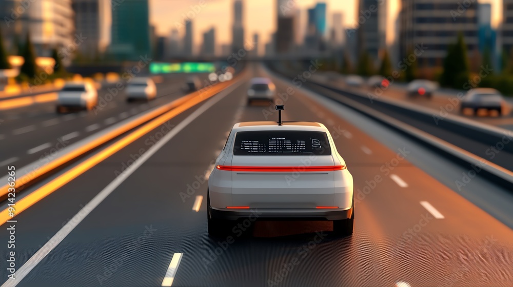 A modern car drives on a bustling city highway during sunset, showcasing urban life and advanced transportation technology. A modern car drives on a bustling city highway during sunset, showcasing urban life and advanced transportation technology.