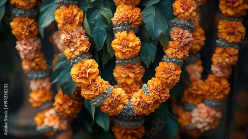 A close-up of decorative torans with marigolds and mango leaves photo