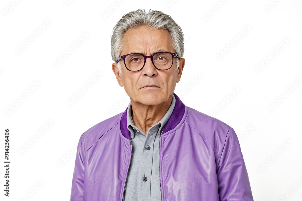 Senior Man in Purple Jacket, Serious Expression Senior Man in Purple Jacket, Serious Expression