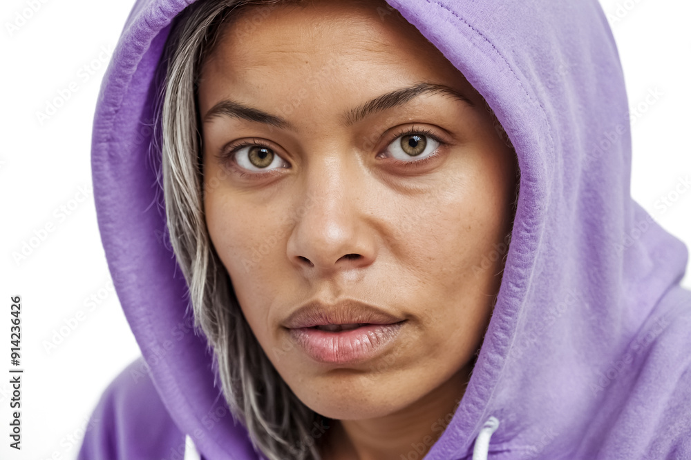 Close-up of a Woman's Face with a Purple Hoodie Close-up of a Woman's Face with a Purple Hoodie
