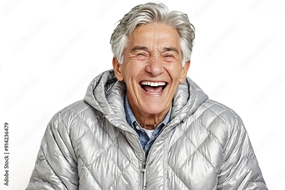 Happy senior man laughing in a puffer jacket Happy senior man laughing in a puffer jacket