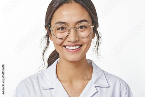 Portrait of a smiling woman in glasses and a white coat