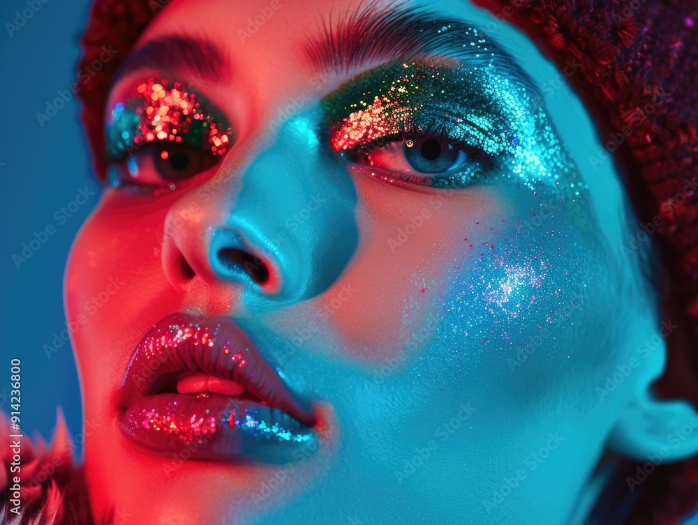 Stylish model with glittery, colorful makeup on blue background. Creative and artistic fashion portrait. Stylish model with glittery, colorful makeup on blue background. Creative and artistic fashion portrait.
