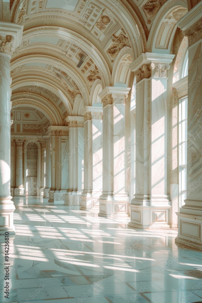 Fototapeta premium Marble floors, pillars, high ceiling, classical architecture.