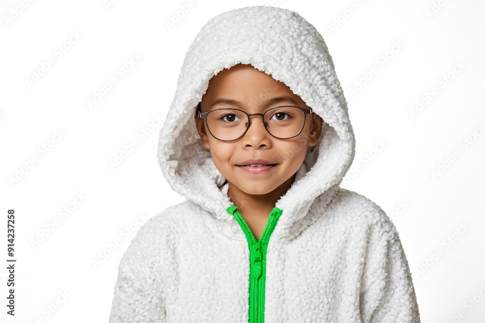 Obraz premium Happy little girl in a white hooded jacket