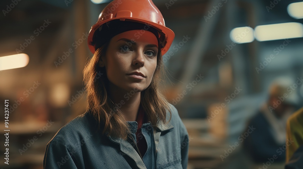 Female worker in a warehouse wearing safety helmet Female worker in a warehouse wearing safety helmet