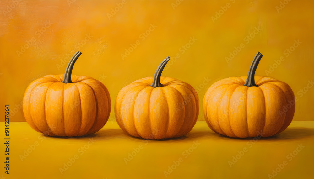 Three Pumpkins on Deep Yellow Background Three Pumpkins on Deep Yellow Background