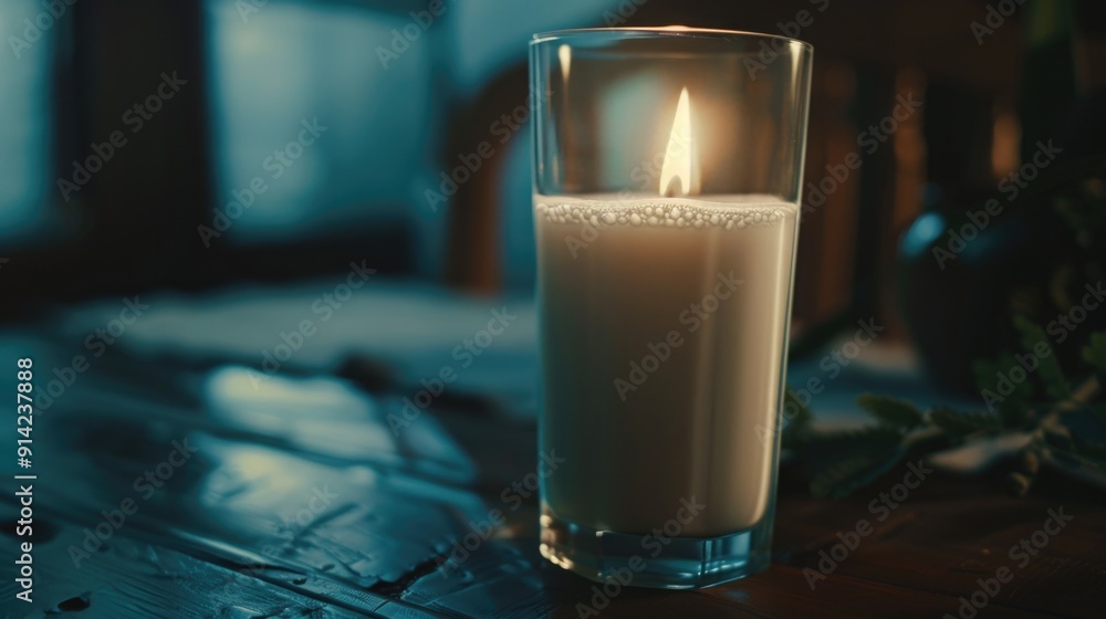 The lit candle in a glass jar creates a warm, inviting atmosphere. The lit candle in a glass jar creates a warm, inviting atmosphere.