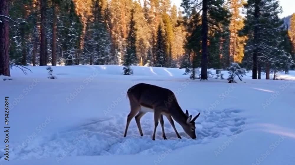 A deer in a snowy winter setting, searching for food beneath the snow A deer in a snowy winter setting, searching for food beneath the snow