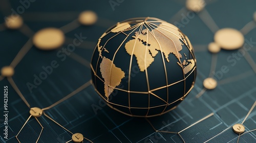 Close-up of a stylized globe with gold accents on a dark network background, symbolizing global connectivity and technology. photo