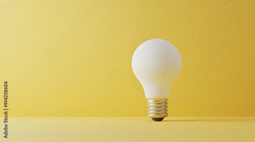 White Light Bulb on Yellow Background, Bright Idea Concept, 3D Render White Light Bulb on Yellow Background, Bright Idea Concept, 3D Render