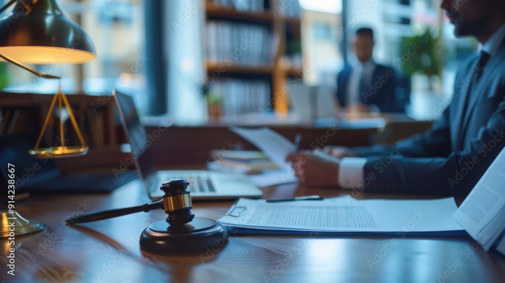 A lawyer reviews documents at his desk, with a gavel and scales of justice in the foreground. A lawyer reviews documents at his desk, with a gavel and scales of justice in the foreground.