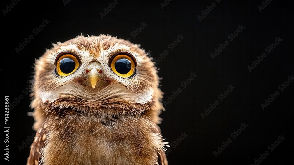 Obraz premium Close-up of a young owl with large, bright eyes against a black background.