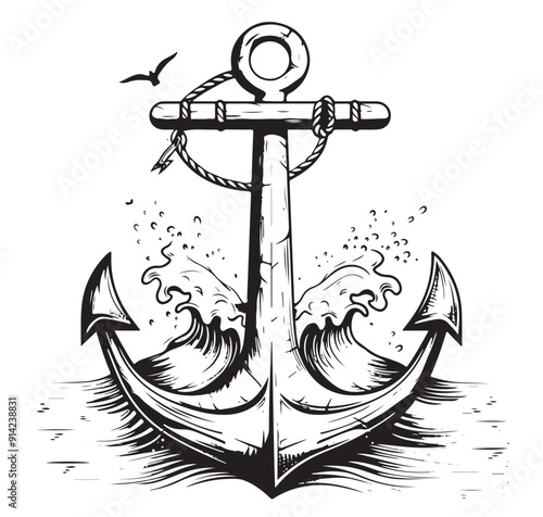 Vector Hand drawn Anchor Icon Isolated. Design Template for Tattoos, Logo, Labels. Anchor with Rope. Antique Vintage Marine Anchors