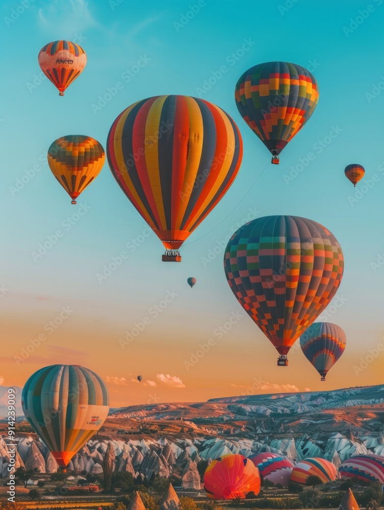 Fototapeta premium The image shows a breathtaking aerial view of Cappadocia, Turkey at sunrise. A multitude of hot air balloons are rising from the ground