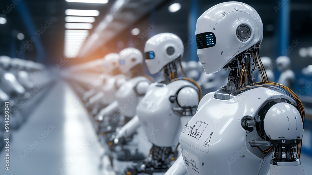 Fototapeta premium Futuristic robots standing in a manufacturing facility, showcasing advanced technology and automation in modern production.