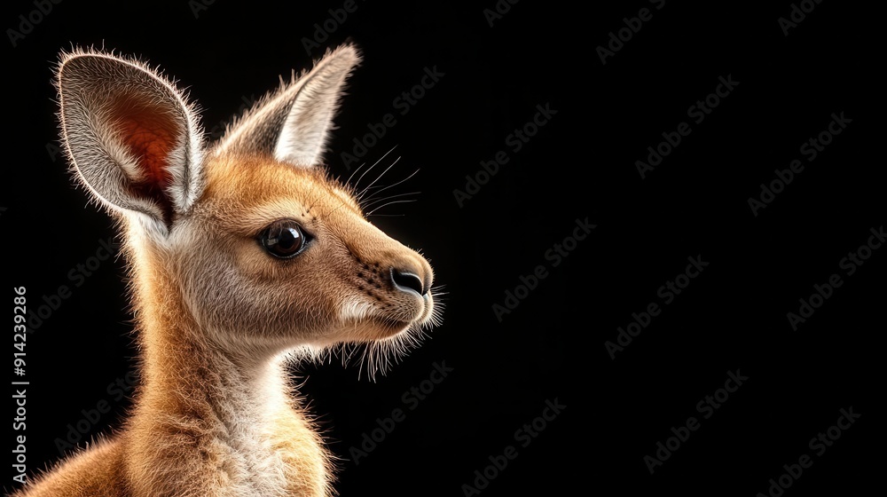 Close-up of a cute baby kangaroo with large ears, looking to the side. Close-up of a cute baby kangaroo with large ears, looking to the side.
