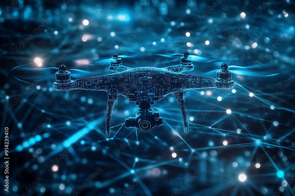 An abstract digital background featuring a drone, set against a dynamic backdrop with a blend of geometric shapes and futuristic patterns An abstract digital background featuring a drone, set against a dynamic backdrop with a blend of geometric shapes and futuristic patterns