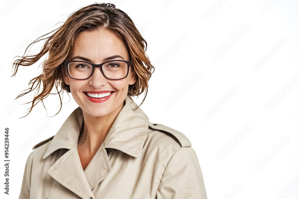 Smiling woman with windblown hair and glasses wearing a beige trench coat Smiling woman with windblown hair and glasses wearing a beige trench coat
