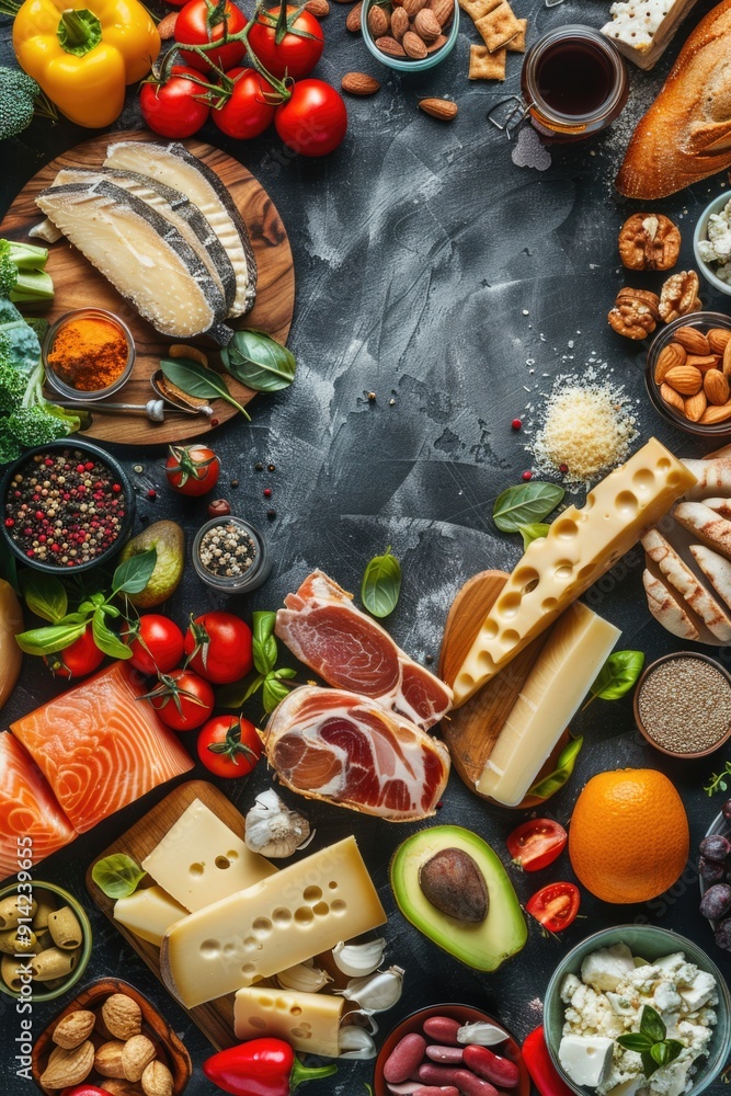 Colorful and vibrant platter with vegetables, fruits, nuts, and cheeses for a healthy snack or meal. Colorful and vibrant platter with vegetables, fruits, nuts, and cheeses for a healthy snack or meal.