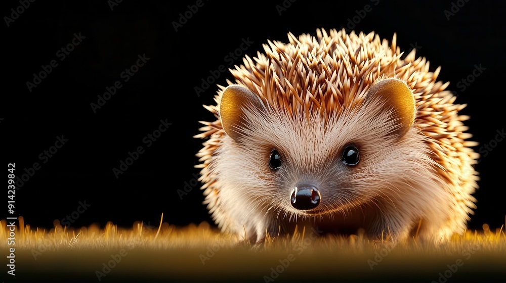 Fototapeta premium Close-up of a cute hedgehog with brown and white fur, looking at the camera.