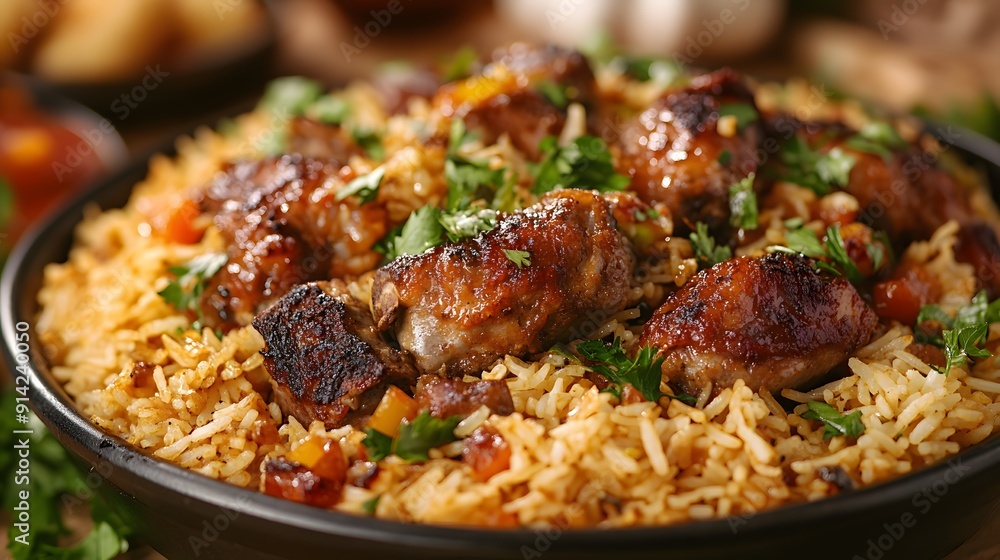 Vibrant Kabsa Delight. Colorful Middle Eastern culinary creation Vibrant Kabsa Delight. Colorful Middle Eastern culinary creation