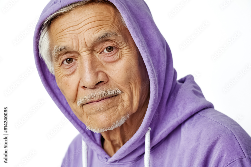 Portrait of a senior man wearing a purple hoodie Portrait of a senior man wearing a purple hoodie