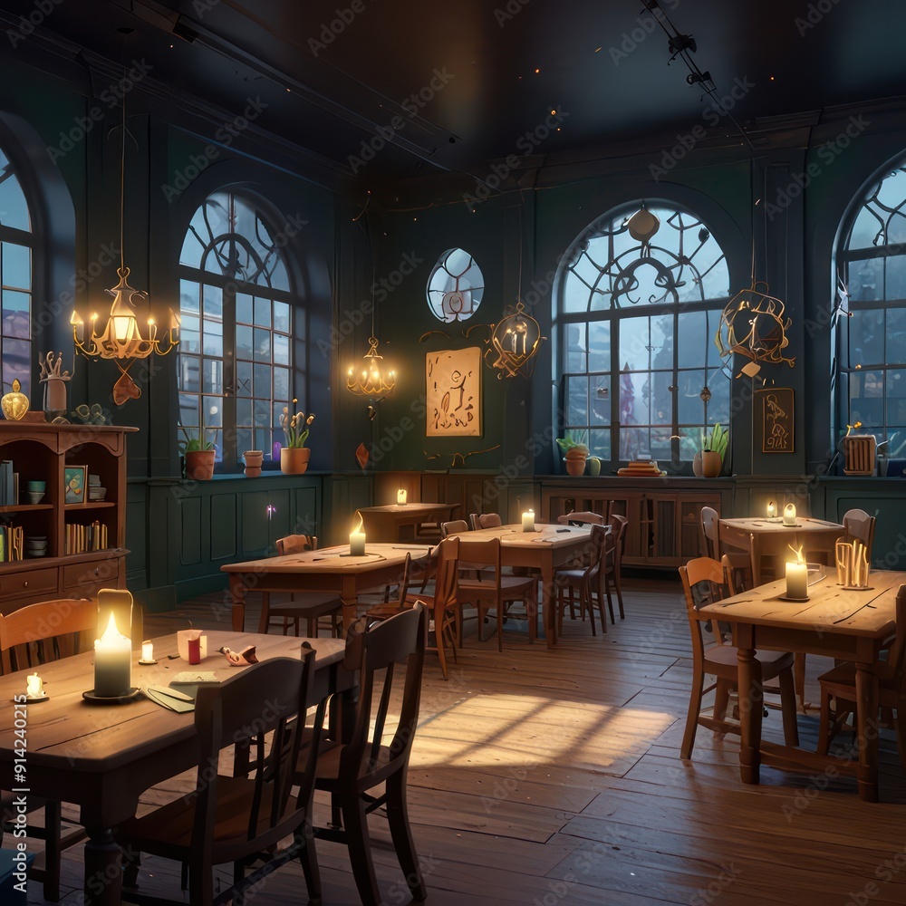Design a scene inside a magical school, with cartoon students practicing spells and attending classes. Design a scene inside a magical school, with cartoon students practicing spells and attending classes.